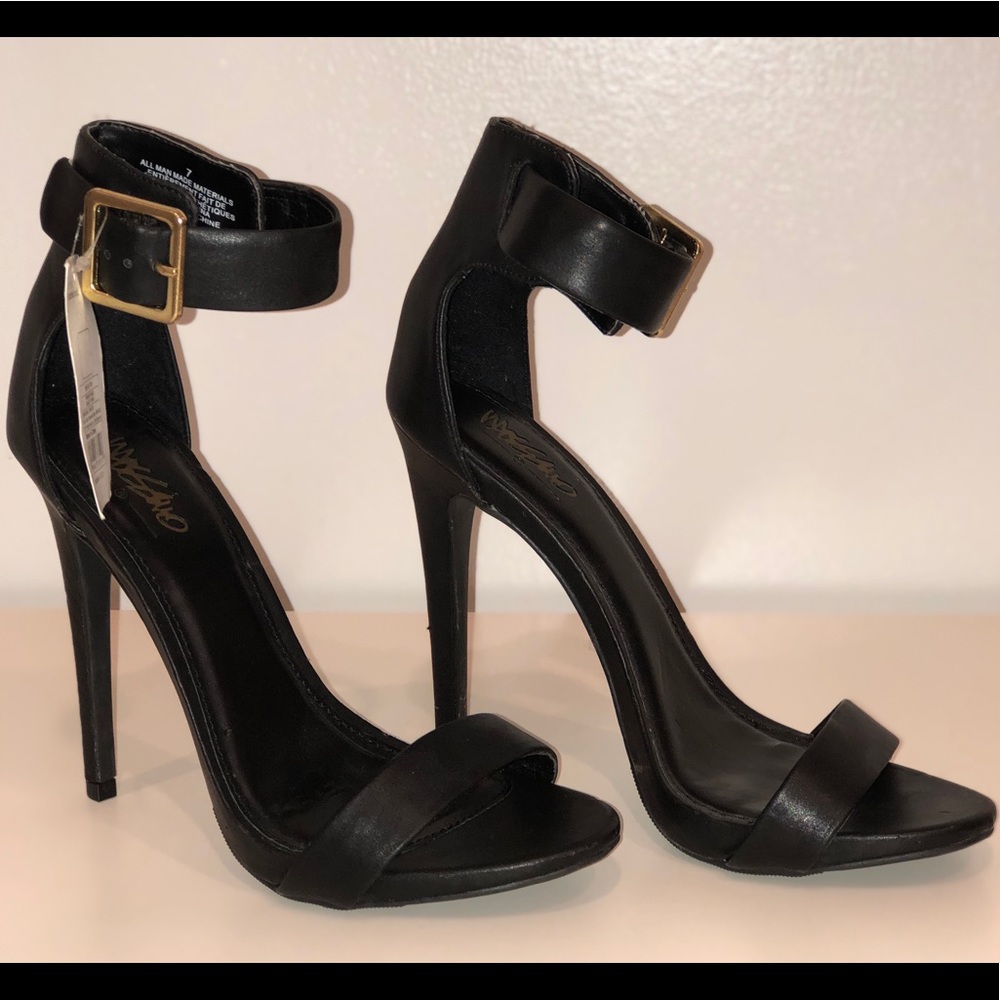 Strappy stilettos with gold metal buckle- 5 inches